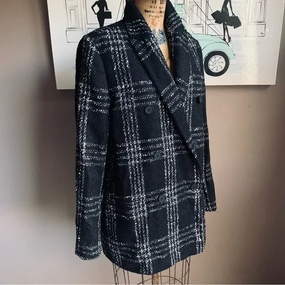 All Saints Astrid Black and White Check tweed Double breasted Blazer, 8 - Picture 9 of 11